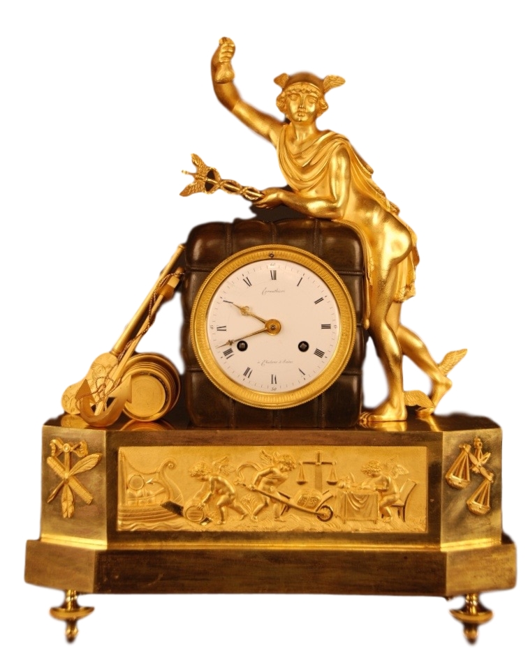 French clock, member of the 'Au bon Sauvage' familie, statue of 'Mercury/Hermes' Roman/Greek god of trades and thieves, signature: Cornu Thieri à Chalons sur Saône. Directoire, ca 1795.